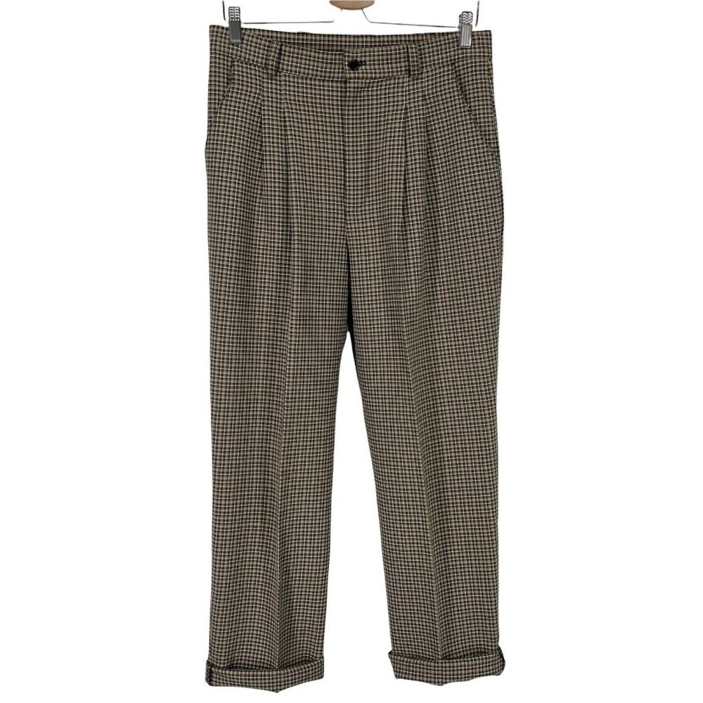 Checked High-Waist Pleated Trousers - Brown/Black